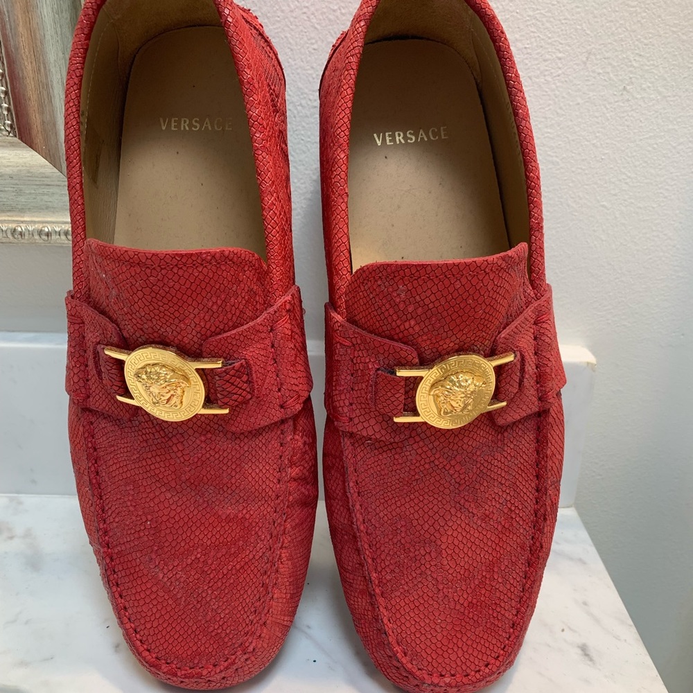 Brand new Versace red snake skin like loafers.